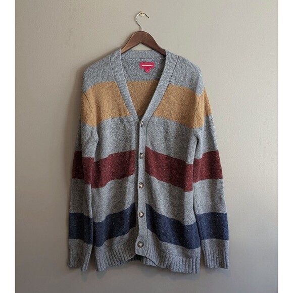 Unionbay Size Large Cardigan Sweater Mens Knit Gray Button Up Striped Red Blue - Picture 1 of 5